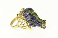 14K Yellow Gold Pave Sapphire Peridot Ruby Frog Statement Ring