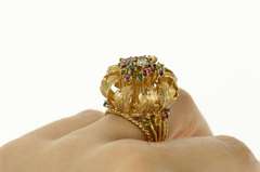 14K Yellow Gold 1960's Retro Ornate Gemstone Cluster Cocktail Ring