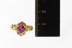 14K Yellow Gold Victorian Ornate Syn. Ruby Seed Pearl Ring