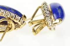 14K Yellow Gold Lapis Lazuli Diamond Halo French Clip Earrings