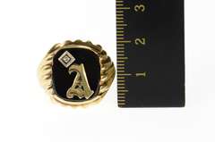 10K Yellow Gold Black Onyx Diamond A Monogram Initial Ornate Ring