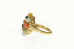 14K Yellow Gold Retro Multi Colored Jade Cluster Statement Ring