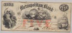 $ 5 Metropolitan Bank  Washington DC Feb 3 1854 Note