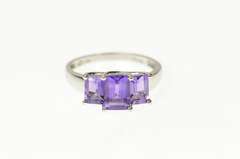 10K White Gold Three Stone Emerald Cut Amethyst Statement Ring