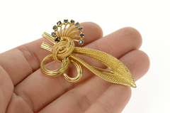 14K Yellow Gold Retro Sapphire Ornate Bow Knot Statement Pendant