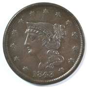 Scarce 1843 'Petite Head' Braided Hair Large Cent in AU+