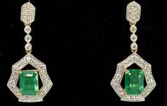 Glamorous Art Deco Emerald & Diamond Earrings in 18KT Yellow Gold