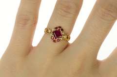 14K Yellow Gold Victorian Ornate Syn. Ruby Seed Pearl Ring
