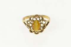 10K Yellow Gold Oval Tiger's Eye Cabochon Scalloped Cocktail Ring