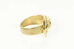 14K Yellow Gold Garnet Textured Belt Buckle Statement Band Ring