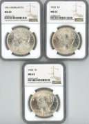 Choice BU 1921 to 1923 Silver Dollars. NGC MS63 holders