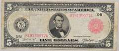 Scarce $ 5 Red Seal Series 1913 FR Note