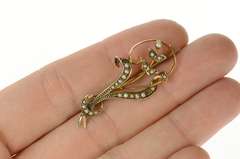 9K Yellow Gold Victorian Ornate Seed Pearl Floral Vine Pin/Brooch
