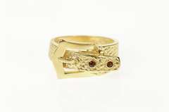 14K Yellow Gold Garnet Textured Belt Buckle Statement Band Ring