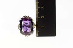 10K White Gold Ornate Art Deco Amethyst Diamond Cocktail Ring
