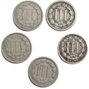 5 Assorted 3 Cent Nickels