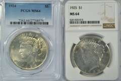 Near Gem BU 1924 & 1925 Peace Dollars PCGS & NGC MS64