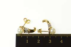 14K Yellow Gold Pearl Diamond Accent Semi Hoop Stud Earrings