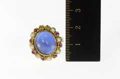 14K Yellow Gold Oval Moonstone Ruby Pearl Victorian Cocktail Ring