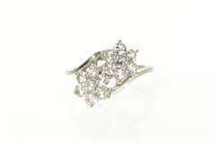 14K White Gold Retro Classic Flower Cluster CZ Bypass Ring
