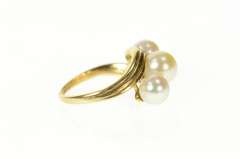 14K Yellow Gold Three Stone Classic Pearl Ornate Bypass Ring