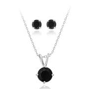 Sterling Silver 2.95ct Black Spinel Solitare Necklace & Stud Earrings Set