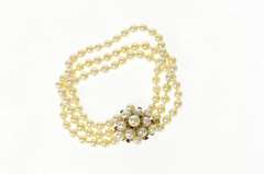 14K Yellow Gold 1950's Layered Pearl Flower Cluster Clasp Bracelet