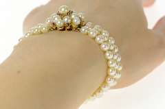 14K Yellow Gold 1950's Layered Pearl Flower Cluster Clasp Bracelet