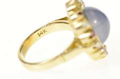14K Yellow Gold Oval Moonstone Ruby Pearl Victorian Cocktail Ring