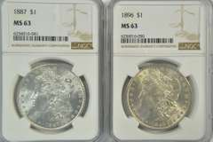 Choice BU 1887 & 1896 Morgan Silver Dollars. NGC MS63