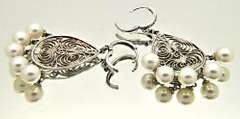 6MM CULTURED PEARL AND DIAMOND CHANDELIER EARRINGS.
