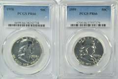 Super Gem Proof 1958 & 1959 Franklin Halves. PCGS PR66