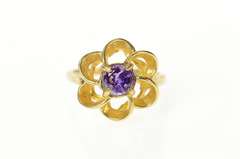 10K Yellow Gold Round Amethyst Flower Swirl Cocktail Ring