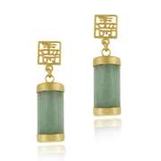 18K Gold over Sterling Silver and Green Chinese Jade 'Longevity' Dangle Earrings