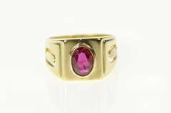 14K Yellow Gold Art Deco Oval Syn. Ruby Squared Statement Ring