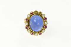 14K Yellow Gold Oval Moonstone Ruby Pearl Victorian Cocktail Ring