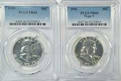Super Gem Proof 1955 & 1956 Franklin Halves. PCGS PR66