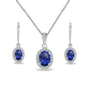 Oval Created Blue Sapphire & White Topaz Necklace & Earrings Set in 925 Silver