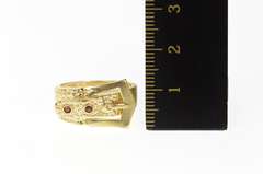 14K Yellow Gold Garnet Textured Belt Buckle Statement Band Ring
