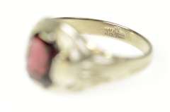 10K White Gold Art Deco Emerald Syn. Garnet Ornate Filigree Ring