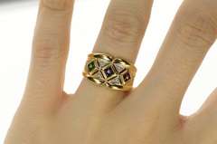 14K Yellow Gold Square Emerald Ruby Sapphire Diamond Band Ring