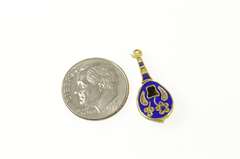 14K Yellow Gold Blue Enamel 3D Ornate Floral Lute Music Charm/Pendant
