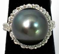 Rotund Black Tahitian Pearl & Diamond Ring in 14KT White Gold