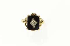 10K Yellow Gold Black Onyx Squared Diamond Accent Ornate Ring