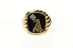 10K Yellow Gold Black Onyx Diamond A Monogram Initial Ornate Ring