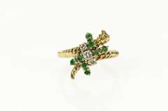 14K Yellow Gold Retro Emerald Diamond Cluster Bypass Ring