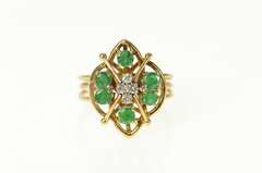 14K Yellow Gold Retro Natural Emerald Diamond Cocktail Ring