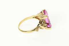 10K Yellow Gold Emerald Syn. Pink Topaz Retro Statement Ring