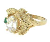 Wonderful Yellow Gold Glass Ring w Green Stone and Leaf Details
