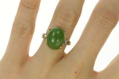 14K Yellow Gold Oval Nephrite Cabochon Ornate Cocktail Ring